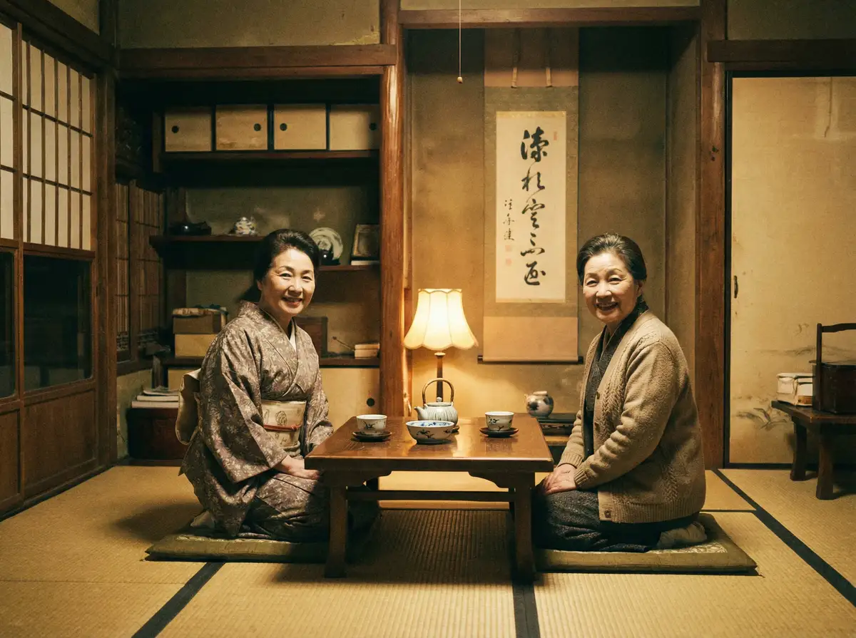 两位优雅的 皇冠新体育平台 在日式茶室中品茶交谈